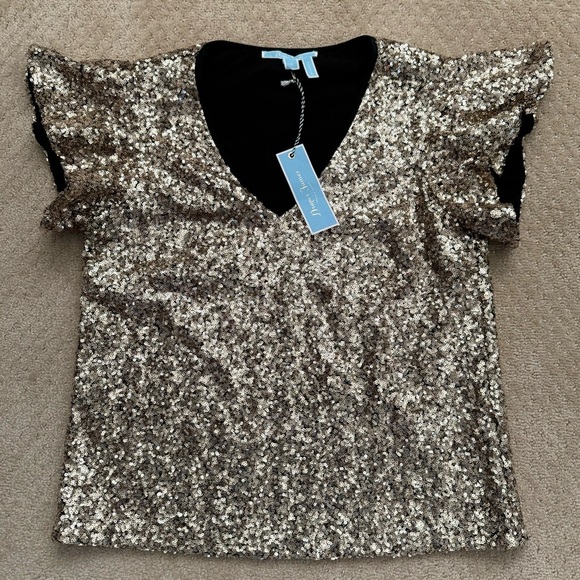 DRAPER JAMES (NWT) Women Gold Black Sequin Holiday Flutter Sleeve Blouse-Size 6 - Picture 12 of 12